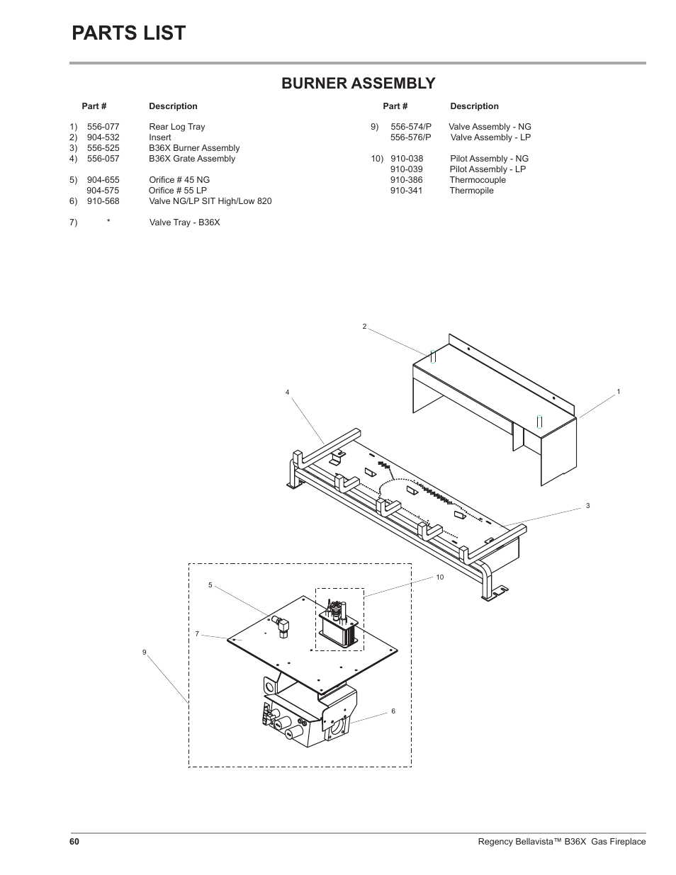 Parts list, Burner assembly | Regency B36X User Manual | Page 60 / 64