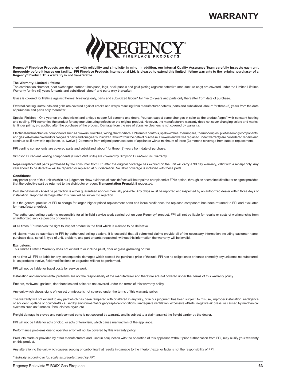Warranty | Regency B36X User Manual | Page 63 / 64