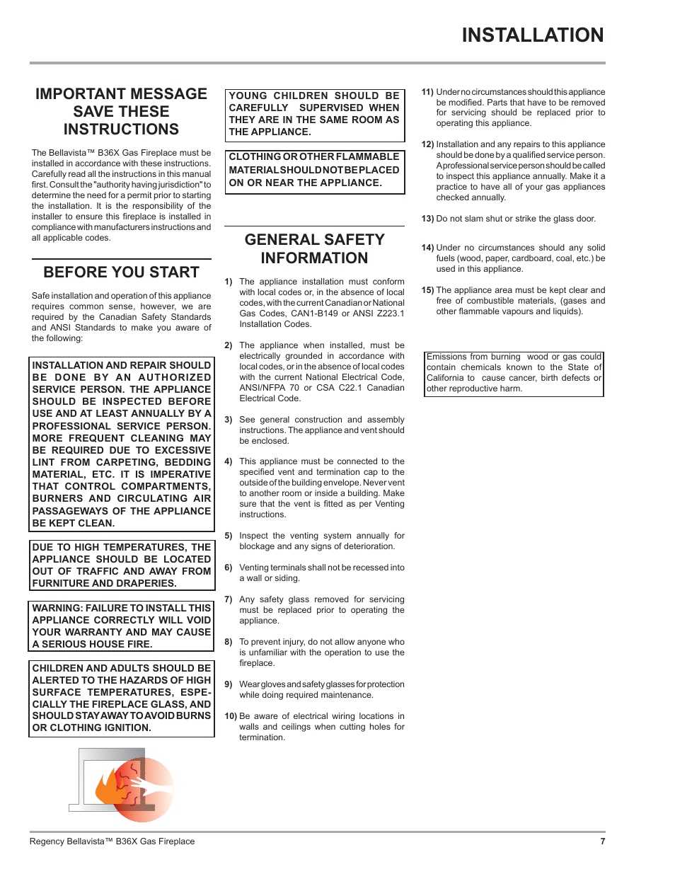 Installation, Important message save these instructions, Before you start | General safety information | Regency B36X User Manual | Page 7 / 64