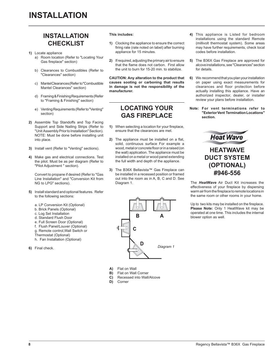 Installation, Locating your gas fireplace, Installation checklist | Regency B36X User Manual | Page 8 / 64