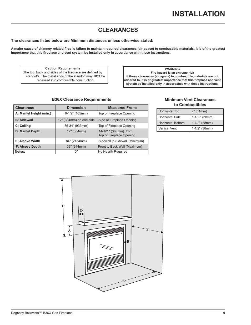 Installation, Clearances | Regency B36X User Manual | Page 9 / 64