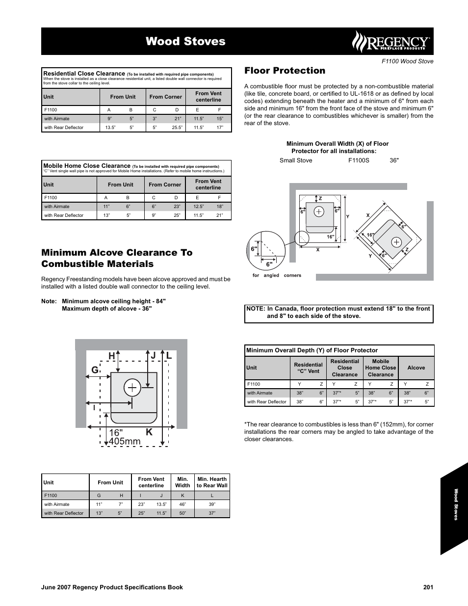 Wood stoves, Minimum alcove clearance to combustible materials, Floor protection | Regency F1100 User Manual | Page 2 / 2