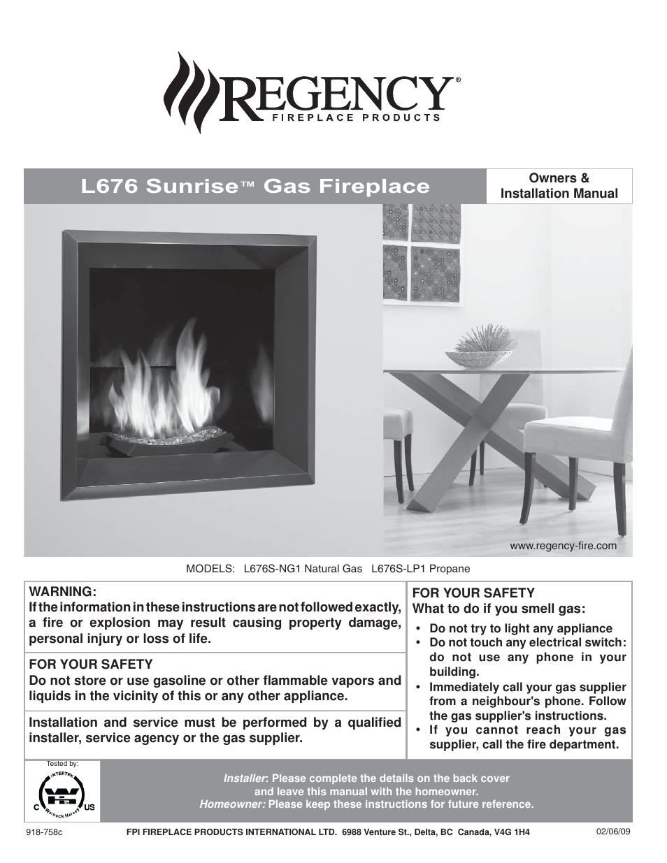 Regency Sunrise Gas Fireplace L676S-NG1 User Manual | 48 pages