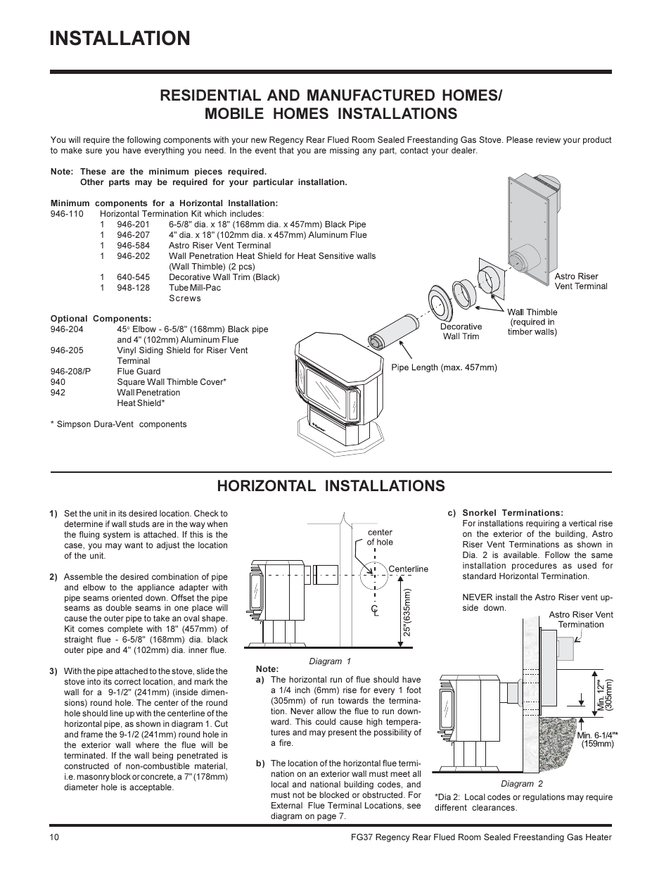 Installation, Horizontal installations | Regency FIREGENIE FG37-NG User Manual | Page 10 / 32