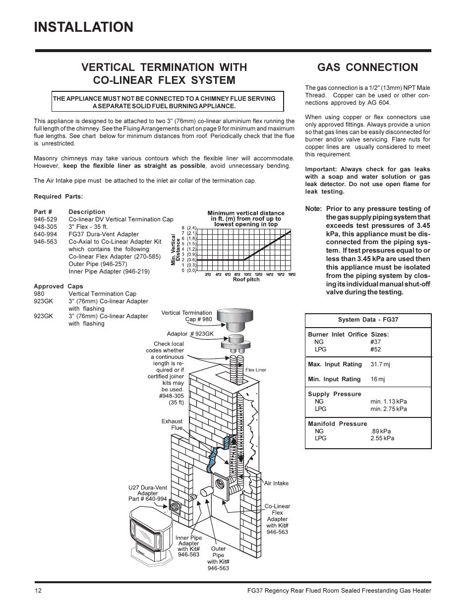 Installation, Gas connection, Vertical termination with co-linear flex system | Regency FIREGENIE FG37-NG User Manual | Page 12 / 32