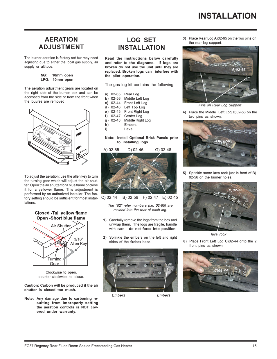 Installation, Aeration adjustment, Log set installation | Regency FIREGENIE FG37-NG User Manual | Page 15 / 32