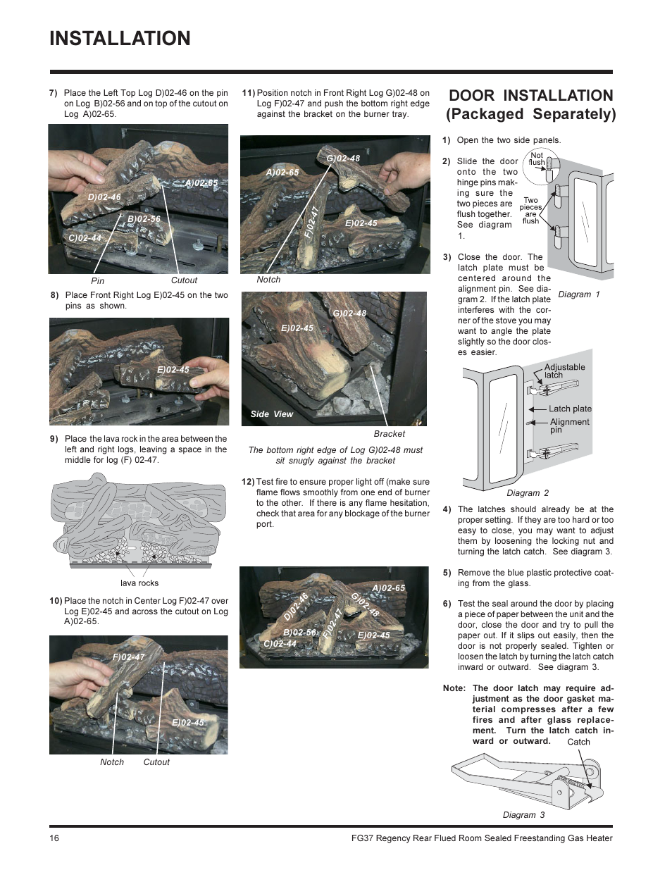 Installation, Door installation (packaged separately) | Regency FIREGENIE FG37-NG User Manual | Page 16 / 32