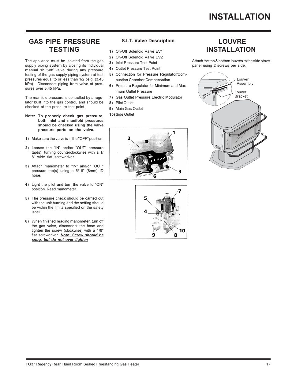 Installation, Louvre installation, Gas pipe pressure testing | Regency FIREGENIE FG37-NG User Manual | Page 17 / 32