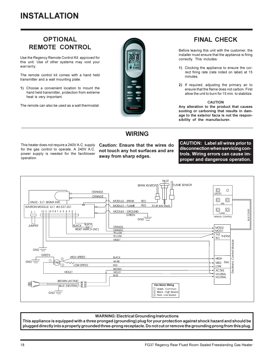 Installation, Final check, Wiring | Optional remote control | Regency FIREGENIE FG37-NG User Manual | Page 18 / 32