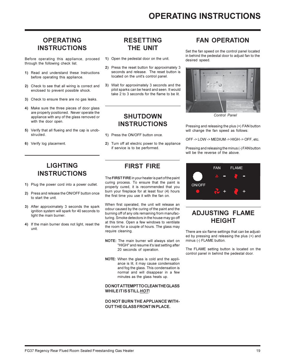 Operating instructions, First fire, Lighting instructions | Resetting the unit, Shutdown instructions, Fan operation, Adjusting flame height | Regency FIREGENIE FG37-NG User Manual | Page 19 / 32