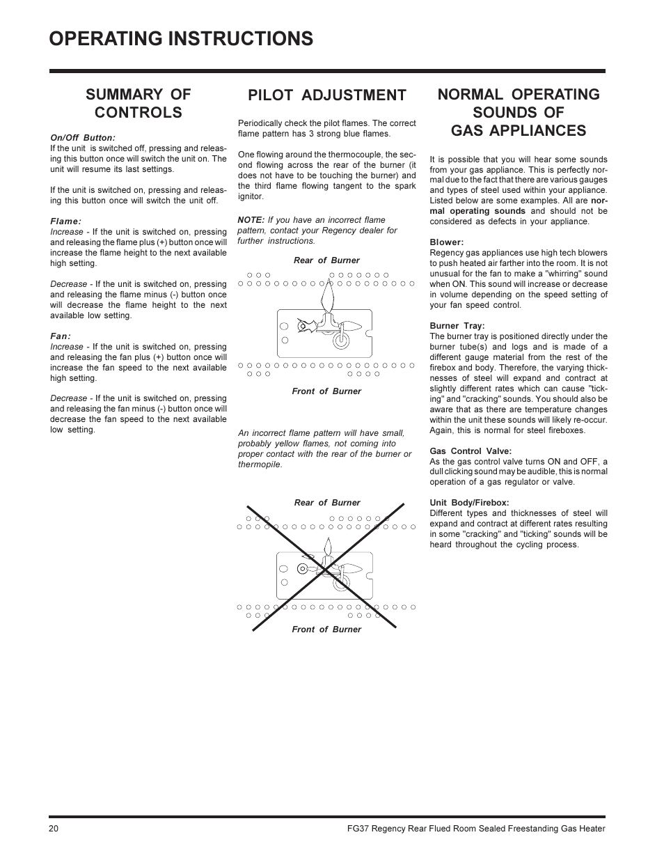 Operating instructions, Normal operating sounds of gas appliances, Summary of controls | Pilot adjustment | Regency FIREGENIE FG37-NG User Manual | Page 20 / 32