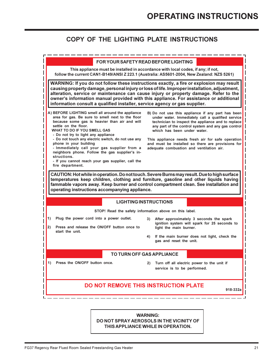 Operating instructions, Copy of the lighting plate instructions, Do not remove this instruction plate | Regency FIREGENIE FG37-NG User Manual | Page 21 / 32