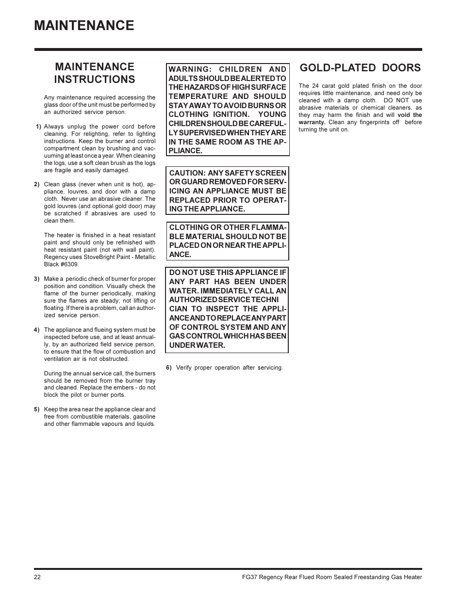 Maintenance, Maintenance instructions, Gold-plated doors | Regency FIREGENIE FG37-NG User Manual | Page 22 / 32