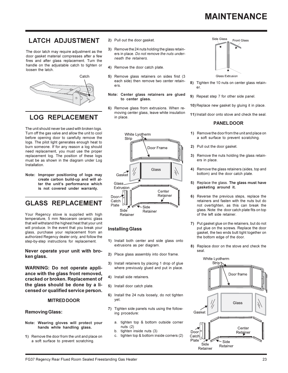 Maintenance, Latch adjustment, Log replacement | Glass replacement | Regency FIREGENIE FG37-NG User Manual | Page 23 / 32