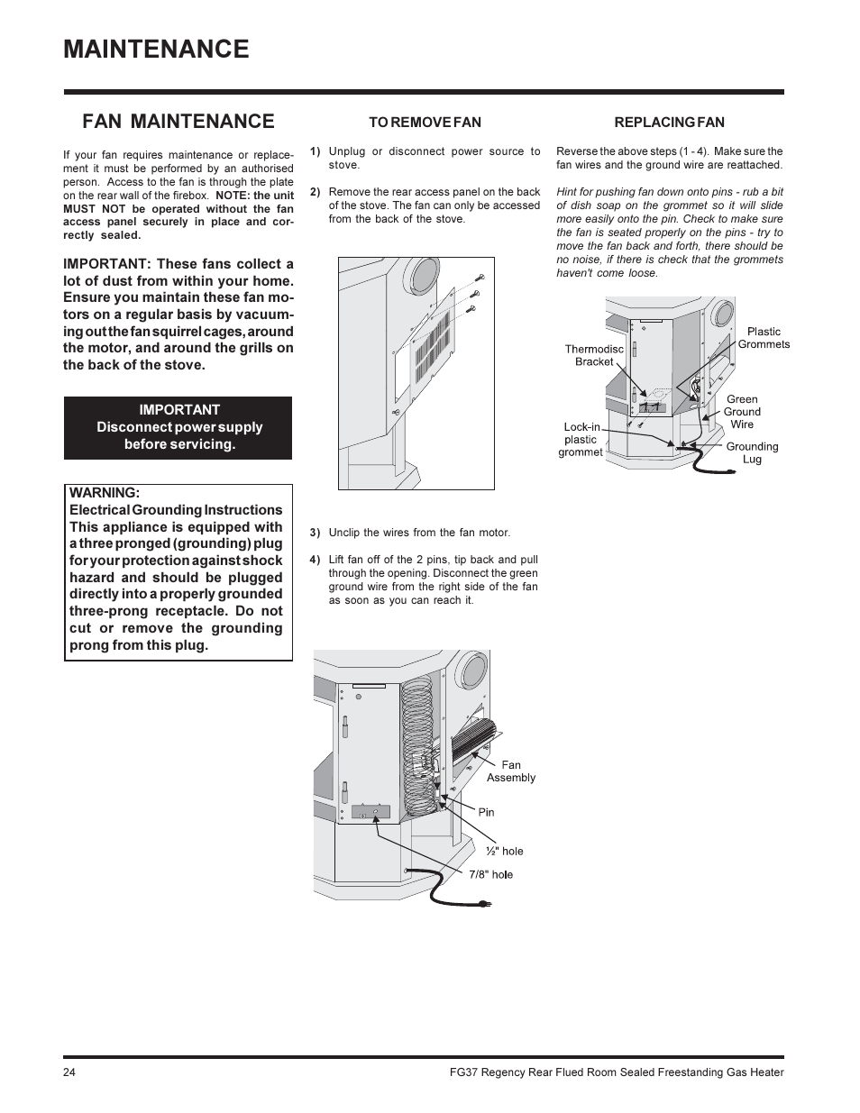 Maintenance, Fan maintenance | Regency FIREGENIE FG37-NG User Manual | Page 24 / 32