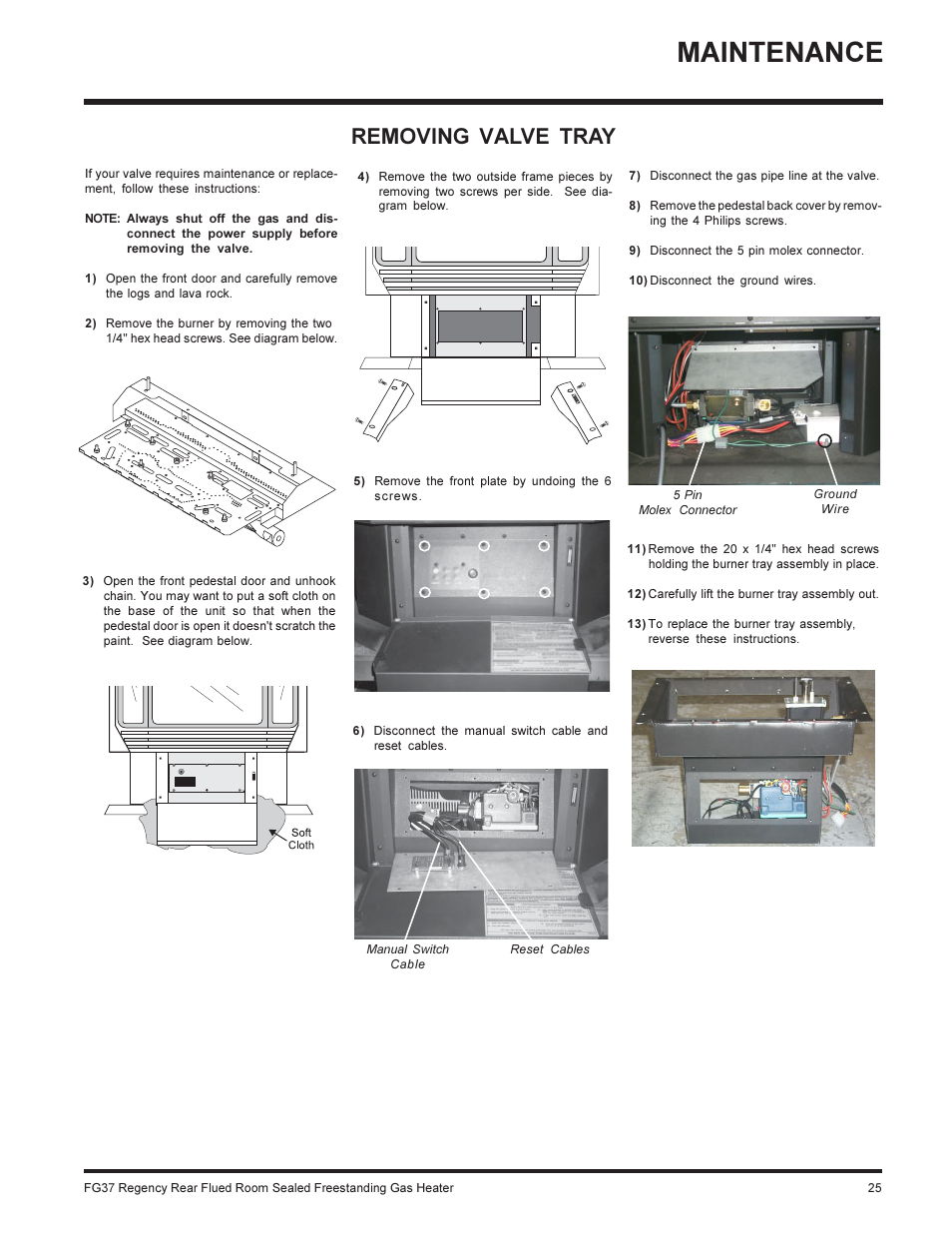 Maintenance, Removing valve tray | Regency FIREGENIE FG37-NG User Manual | Page 25 / 32