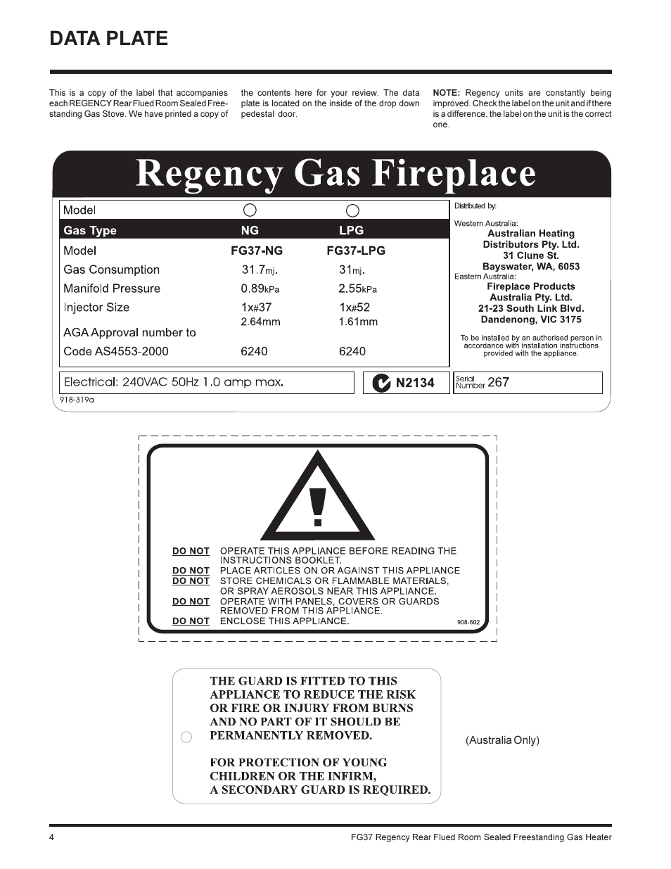 Data plate | Regency FIREGENIE FG37-NG User Manual | Page 4 / 32