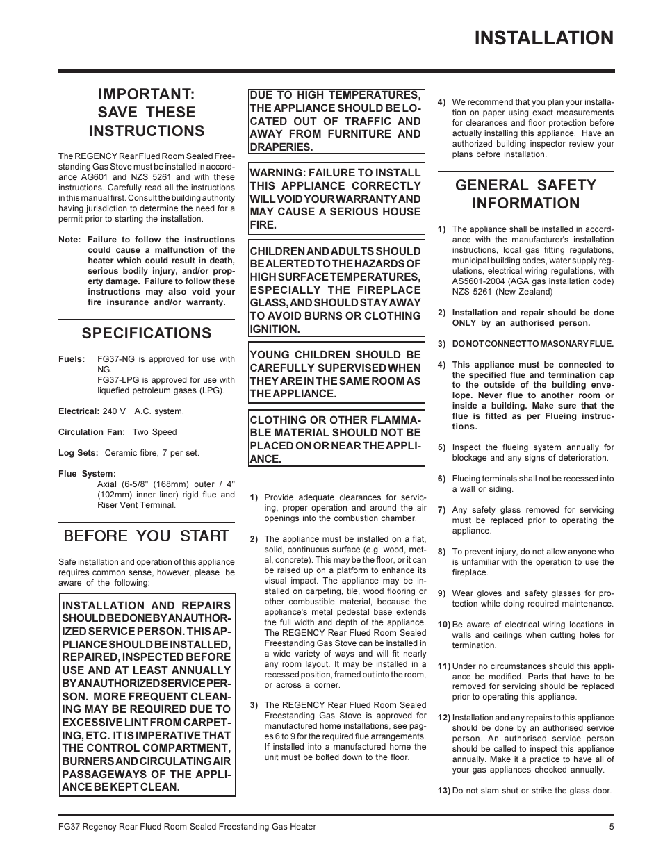 Installation, Important: save these instructions, Specifications | Before you start, General safety information | Regency FIREGENIE FG37-NG User Manual | Page 5 / 32