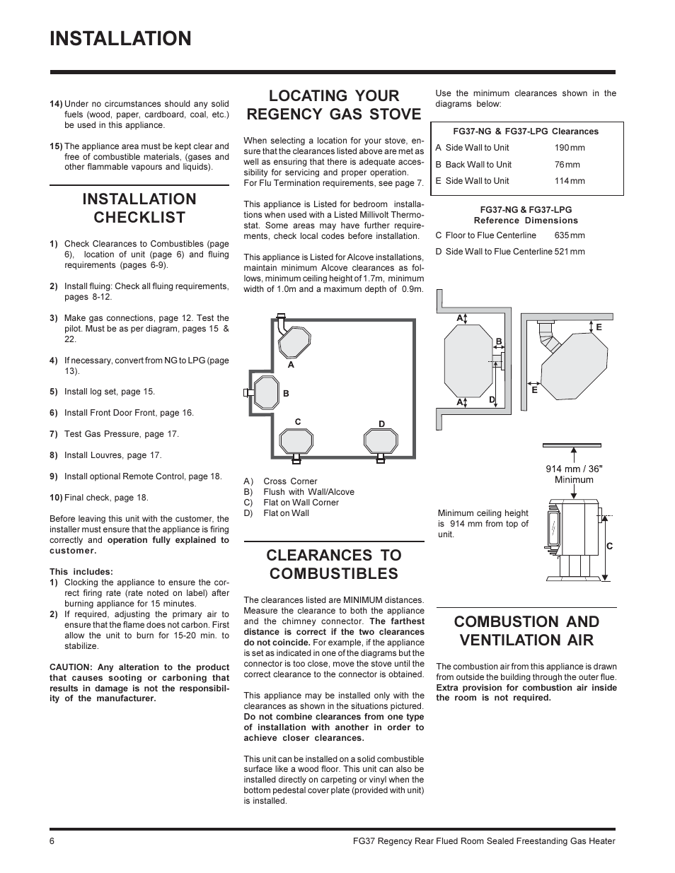 Installation, Installation checklist, Locating your regency gas stove | Clearances to combustibles, Combustion and ventilation air | Regency FIREGENIE FG37-NG User Manual | Page 6 / 32