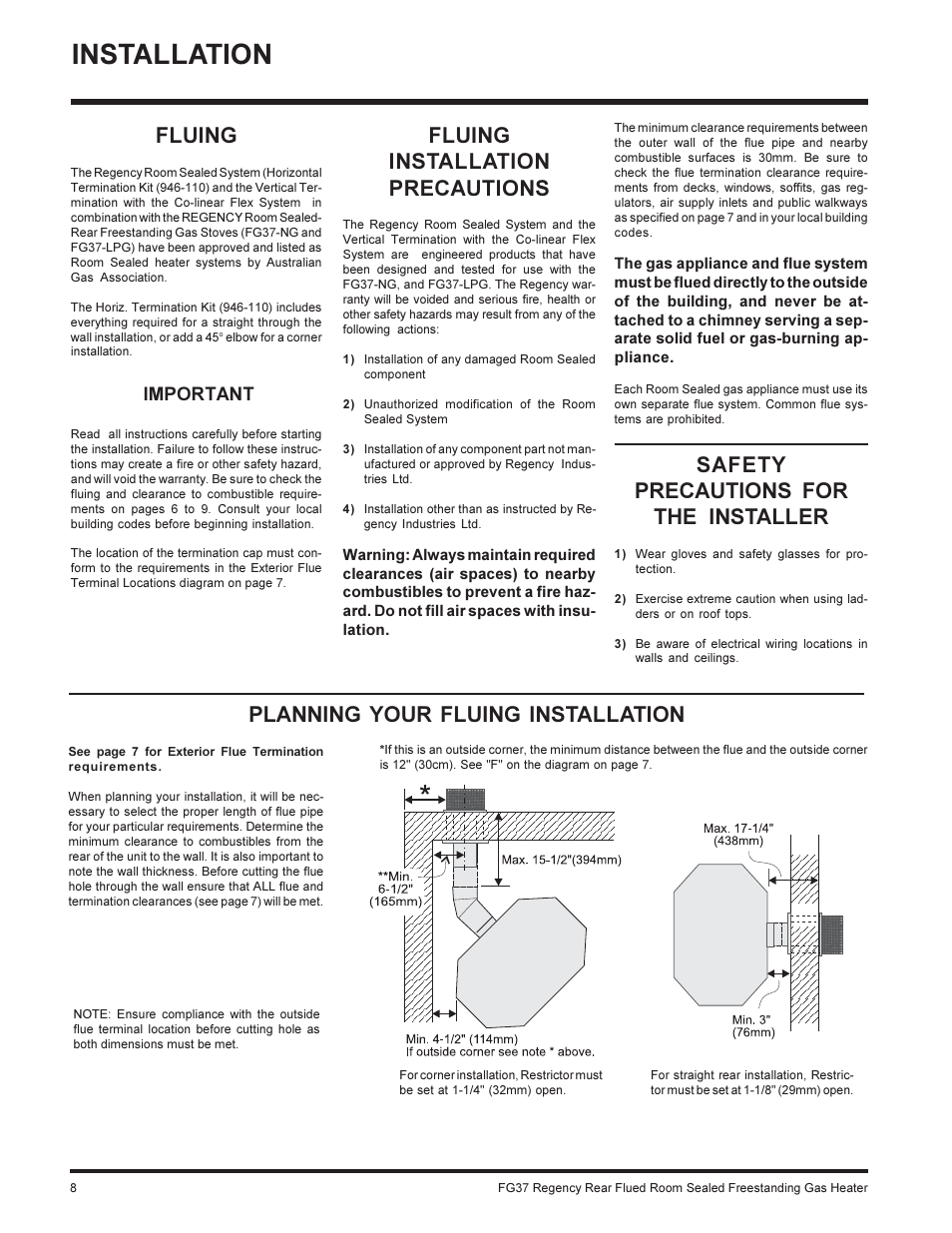 Installation, Planning your fluing installation, Fluing | Fluing installation precautions, Safety precautions for the installer, Important | Regency FIREGENIE FG37-NG User Manual | Page 8 / 32