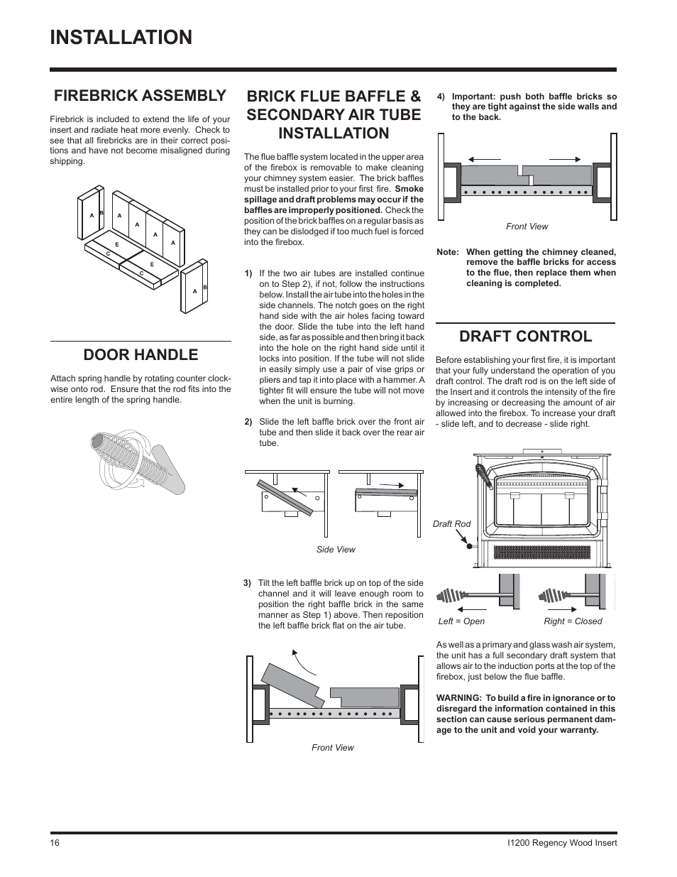 Installation, Firebrick assembly, Door handle | Draft control | Regency I1200S User Manual | Page 16 / 24