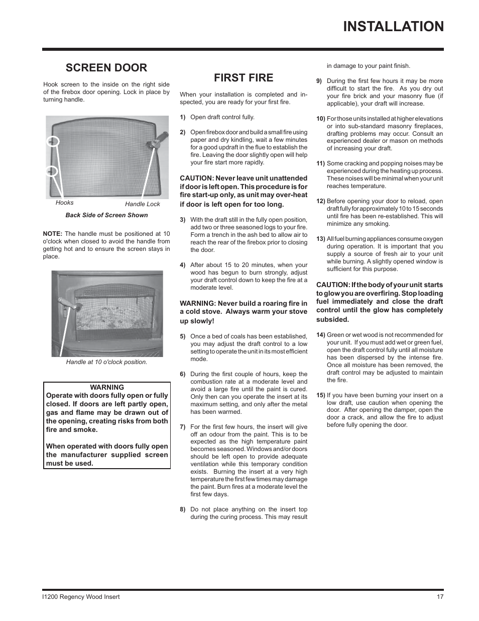 Installation, First fire, Screen door | Regency I1200S User Manual | Page 17 / 24