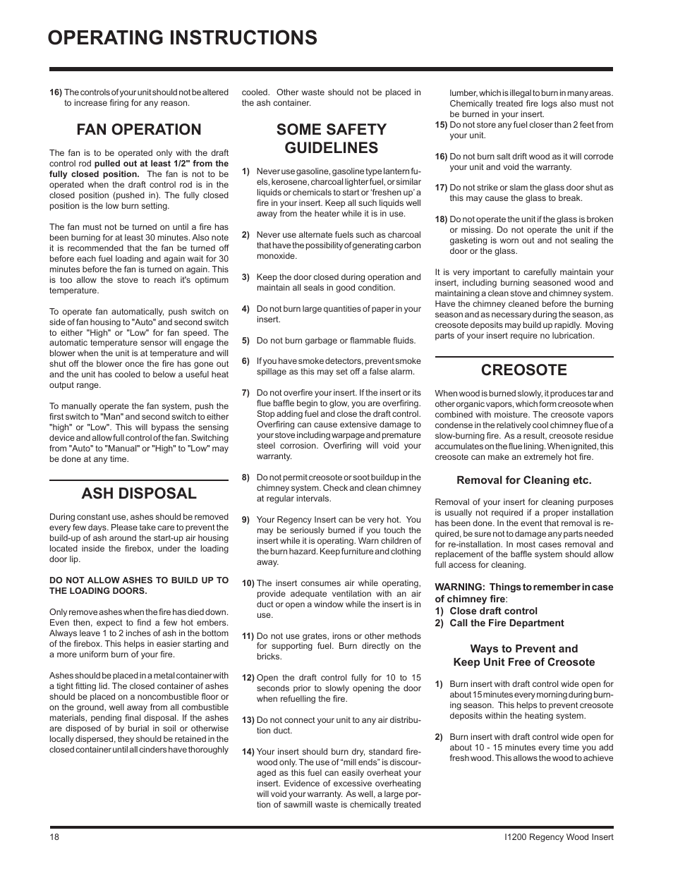 Operating instructions, Creosote, Fan operation | Ash disposal, Some safety guidelines | Regency I1200S User Manual | Page 18 / 24