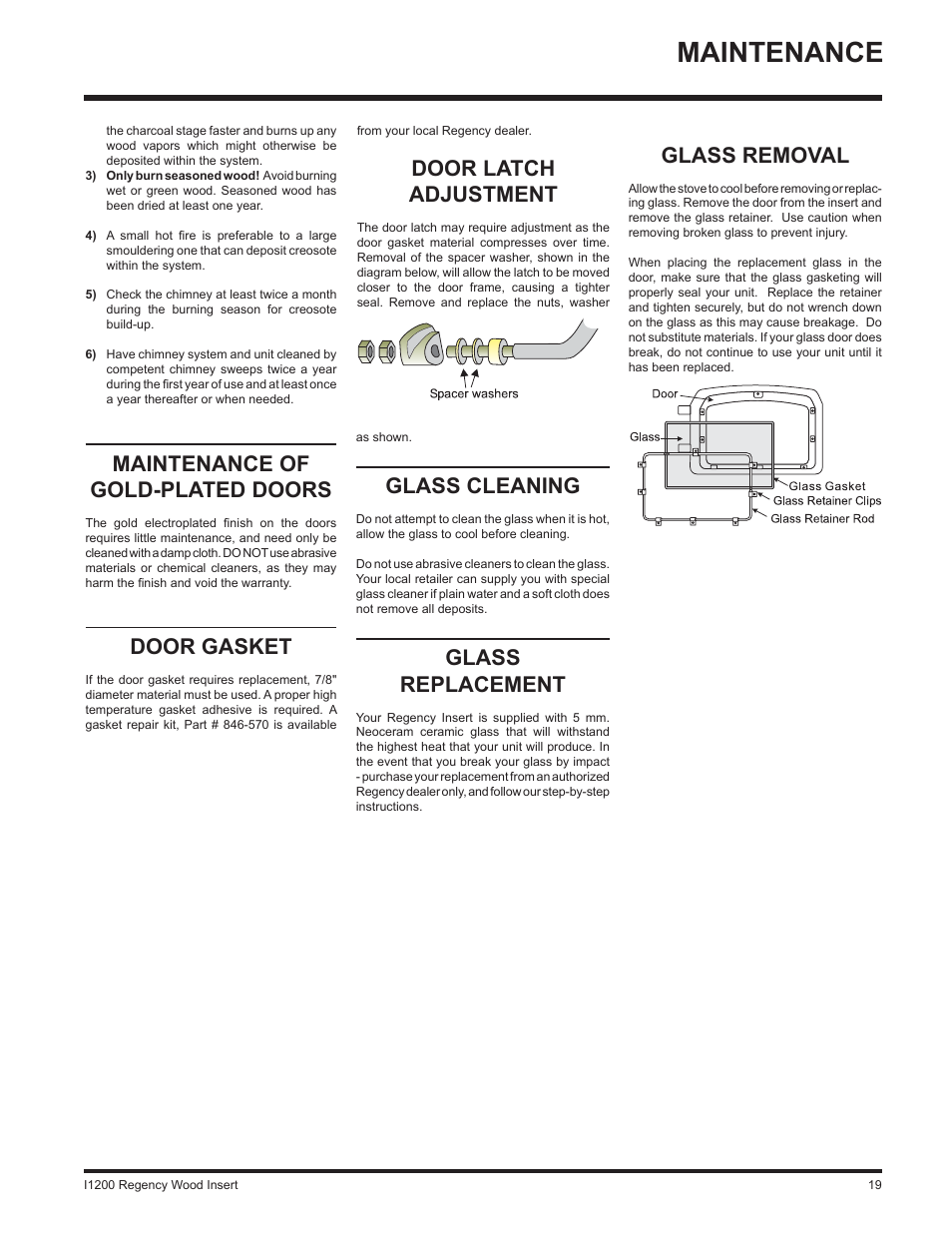 Maintenance, Maintenance of gold-plated doors, Door gasket | Door latch adjustment, Glass cleaning, Glass replacement, Glass removal | Regency I1200S User Manual | Page 19 / 24