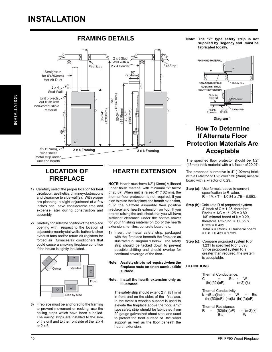Installation, Framing details location of fireplace, Hearth extension | Regency FP90 User Manual | Page 10 / 40