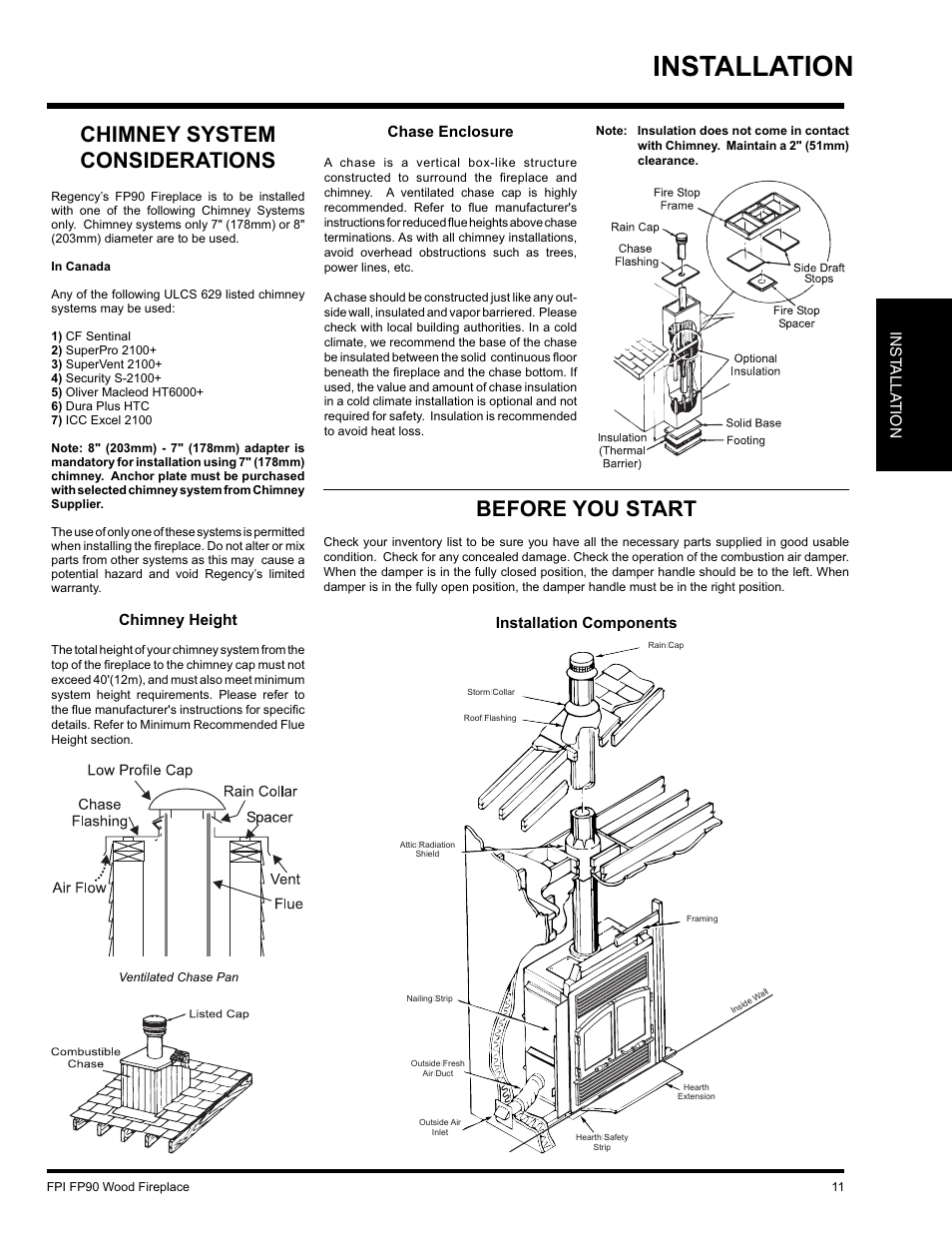 Installation, Before you start, Chimney system considerations | Regency FP90 User Manual | Page 11 / 40