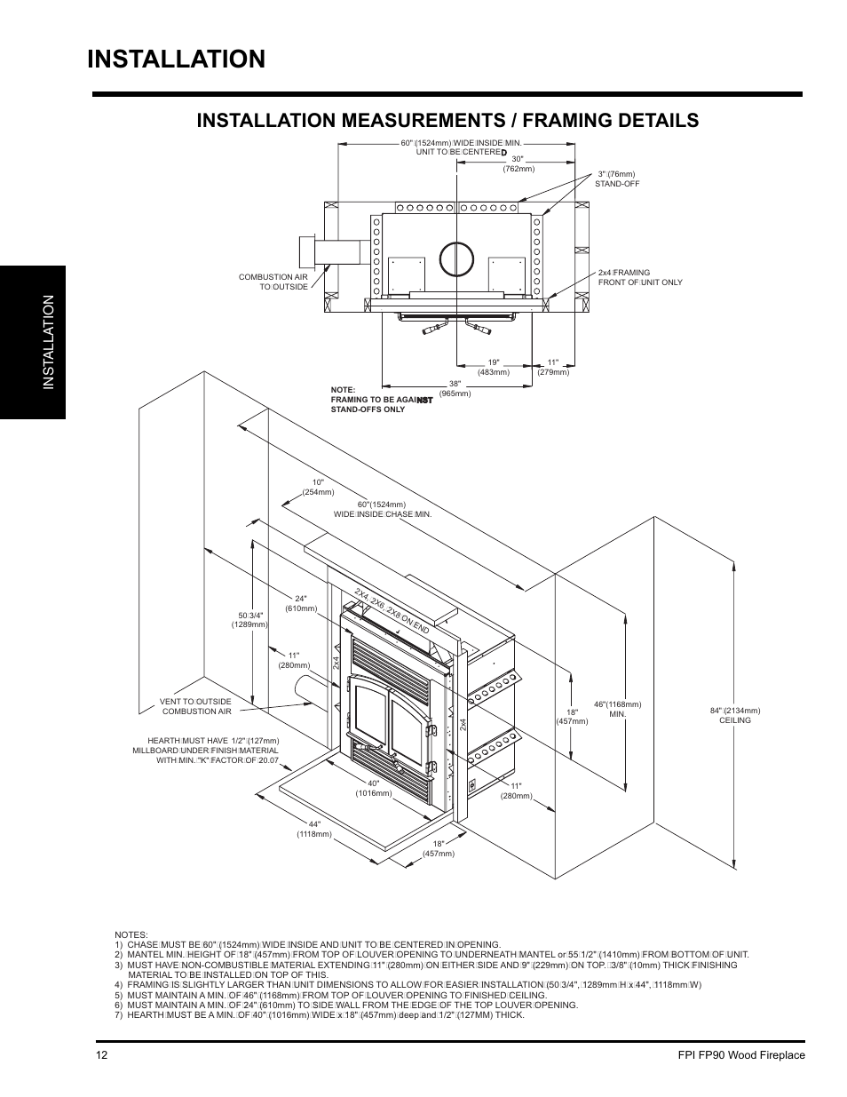 Installation, Installation measurements / framing details, Inst alla tion | Regency FP90 User Manual | Page 12 / 40