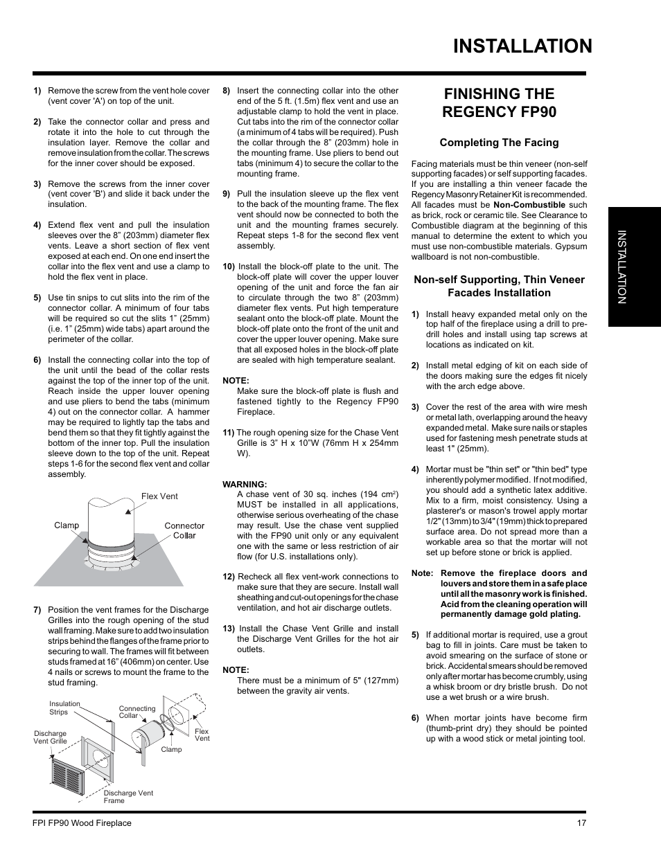Installation, Finishing the regency fp90 | Regency FP90 User Manual | Page 17 / 40