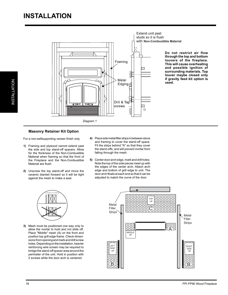 Installation, Ac b b, Inst alla tion | Masonry retainer kit option | Regency FP90 User Manual | Page 18 / 40