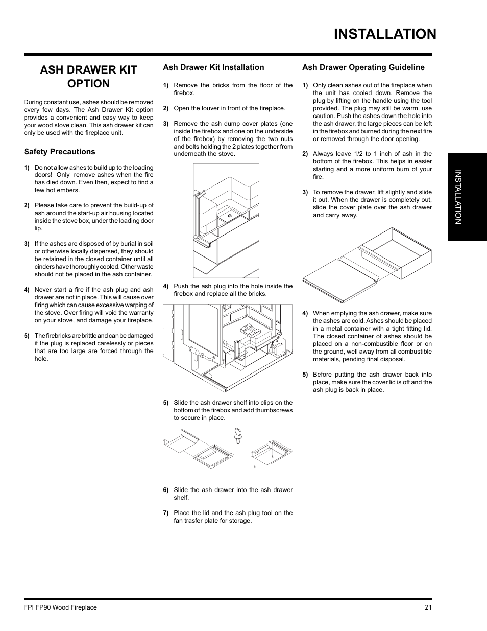 Installation, Ash drawer kit option | Regency FP90 User Manual | Page 21 / 40