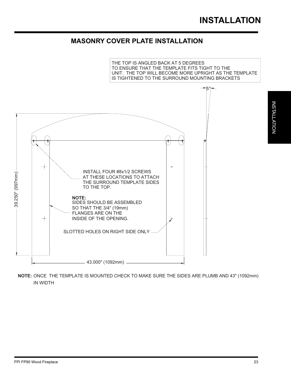 Installation, Masonry cover plate installation | Regency FP90 User Manual | Page 23 / 40