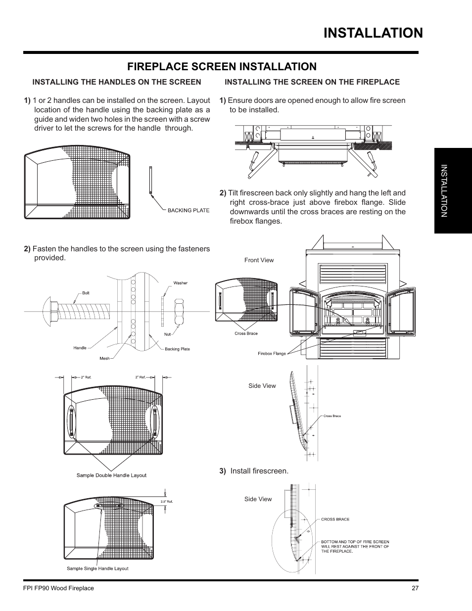Installation, Fireplace screen installation | Regency FP90 User Manual | Page 27 / 40