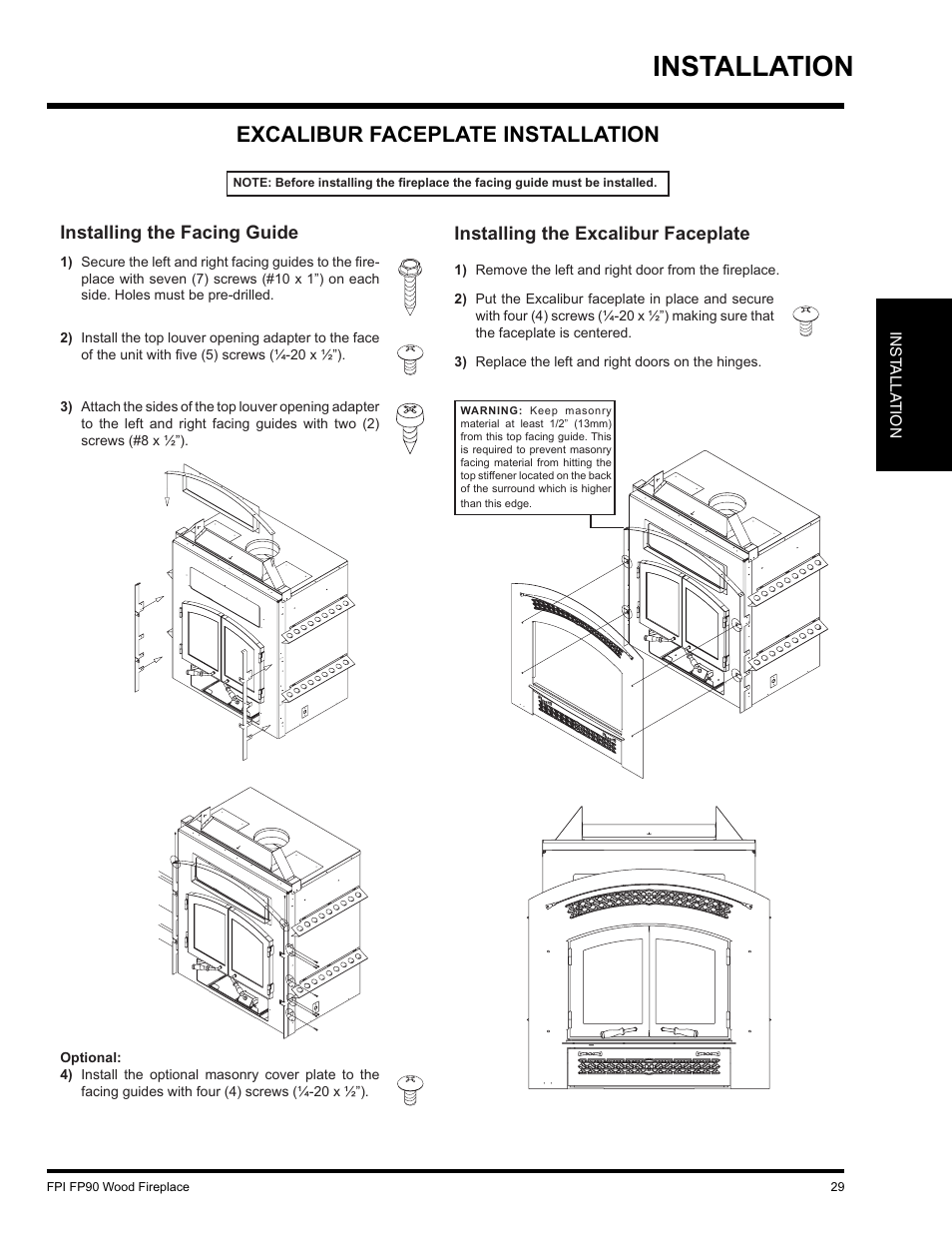 Installation, Excalibur faceplate installation | Regency FP90 User Manual | Page 29 / 40