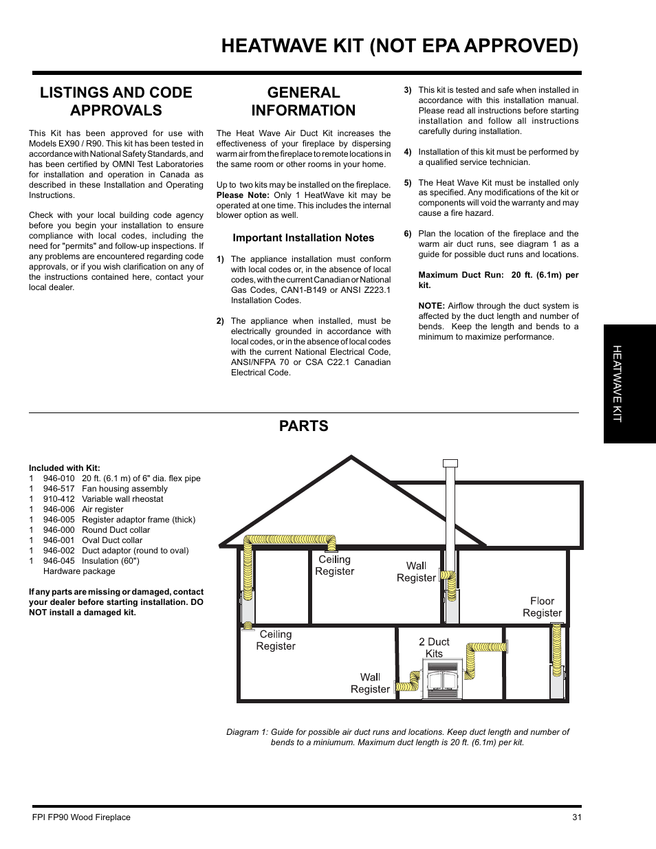 Heatwave kit (not epa approved), Listings and code approvals, General information | Parts | Regency FP90 User Manual | Page 31 / 40
