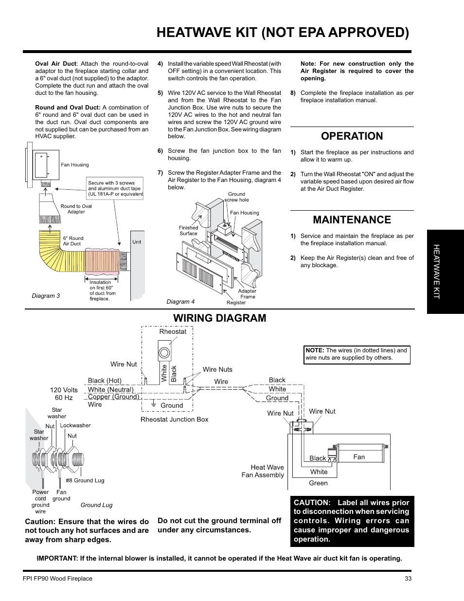 Heatwave kit (not epa approved), Operation, Maintenance | Wiring diagram | Regency FP90 User Manual | Page 33 / 40