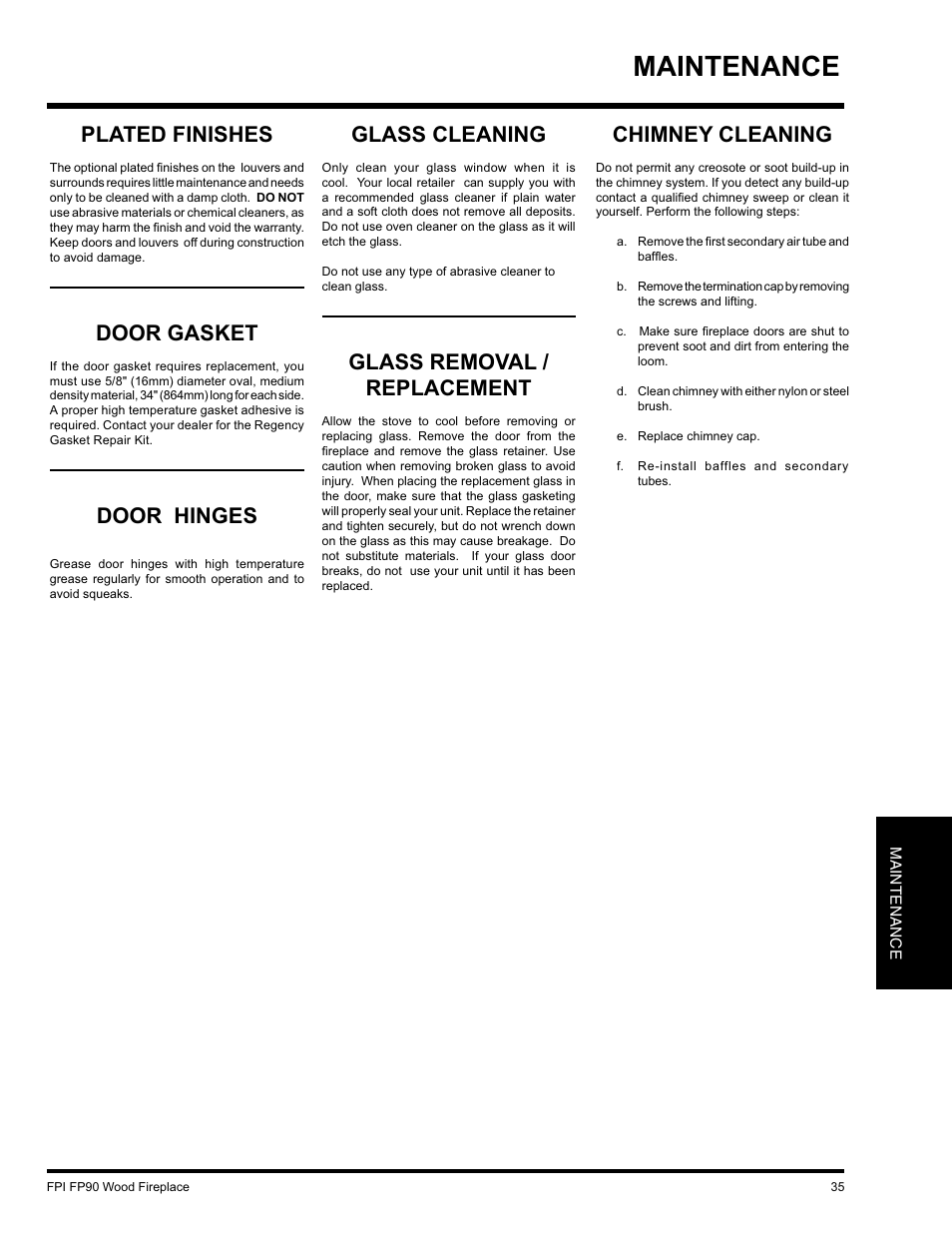 Maintenance, Plated finishes, Door gasket | Door hinges, Chimney cleaning, Glass cleaning, Glass removal / replacement | Regency FP90 User Manual | Page 35 / 40