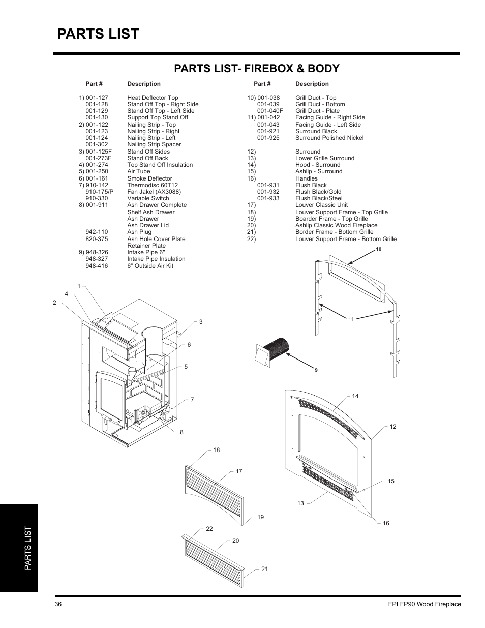 Parts list, Parts list- firebox & body, Pa r ts list | Regency FP90 User Manual | Page 36 / 40