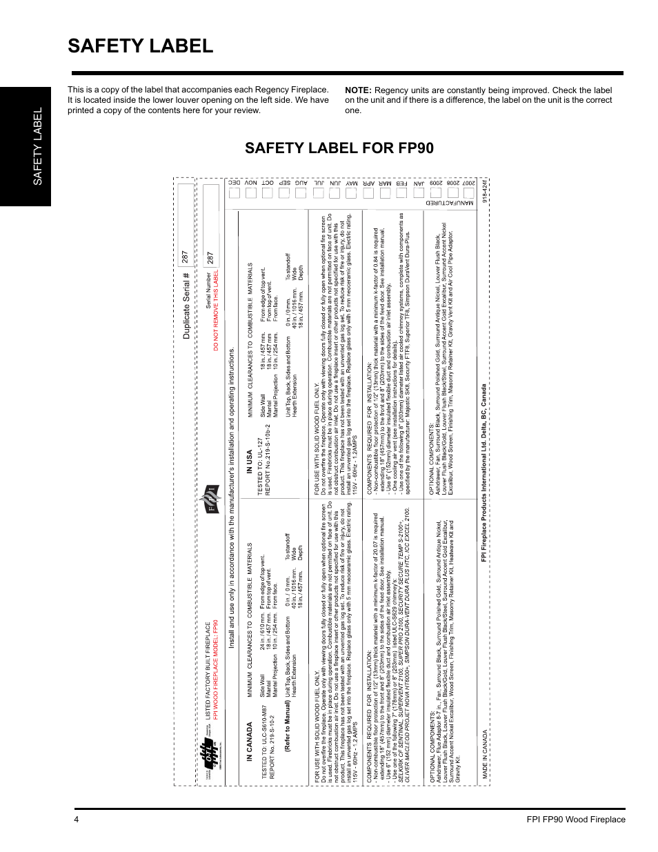 Safety label, Safety label for fp90 | Regency FP90 User Manual | Page 4 / 40