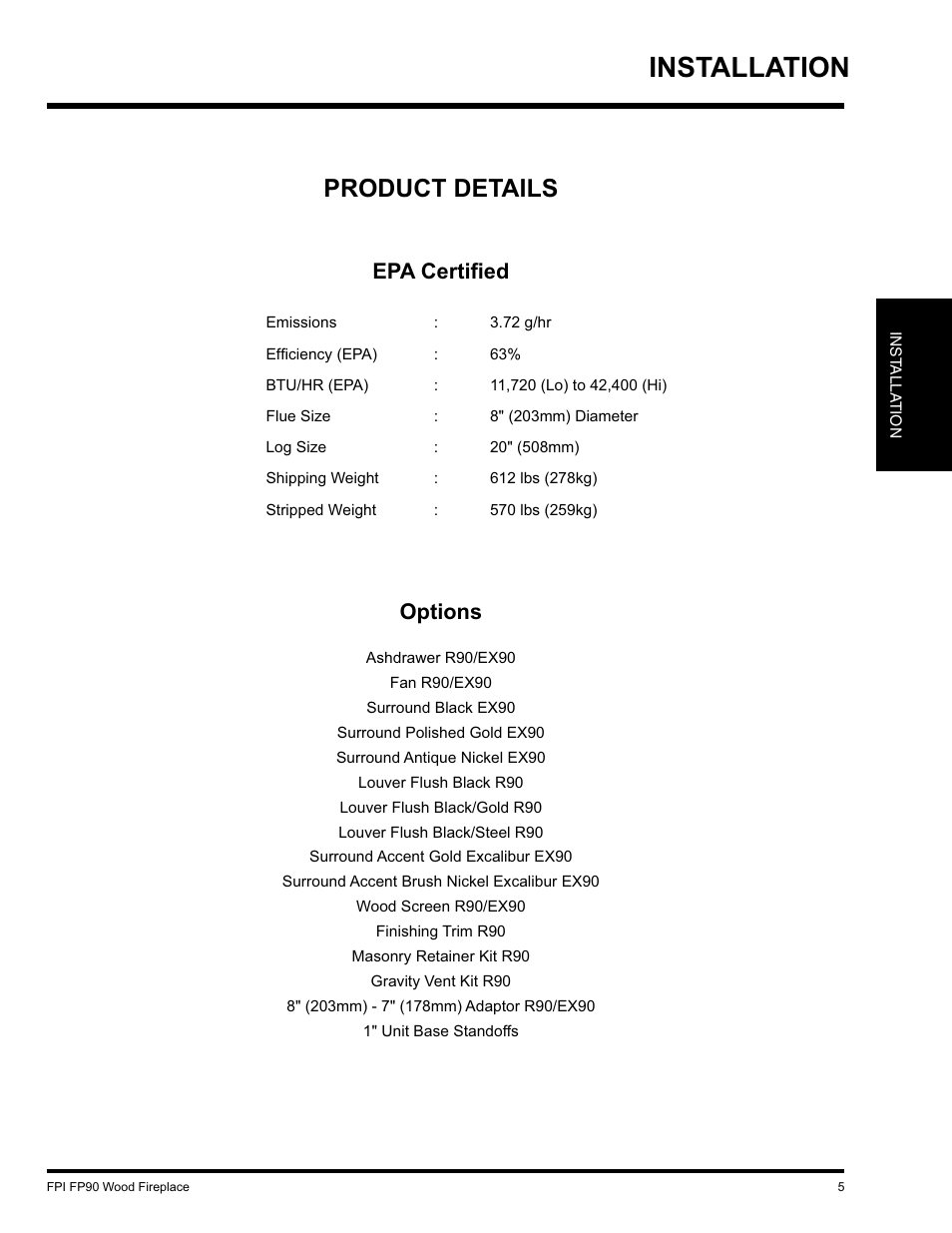 Installation, Product details, Epa certiﬁ ed | Options | Regency FP90 User Manual | Page 5 / 40
