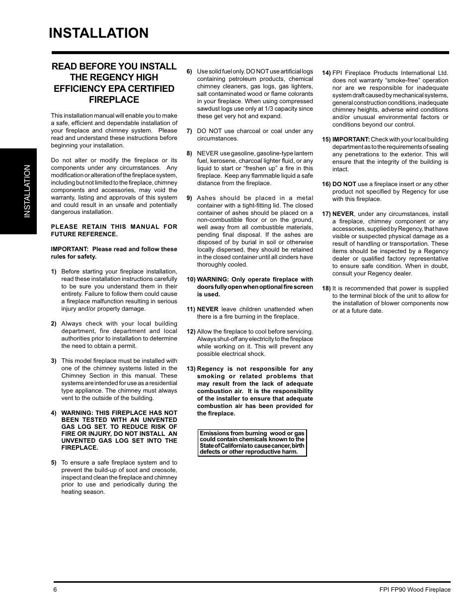 Installation | Regency FP90 User Manual | Page 6 / 40