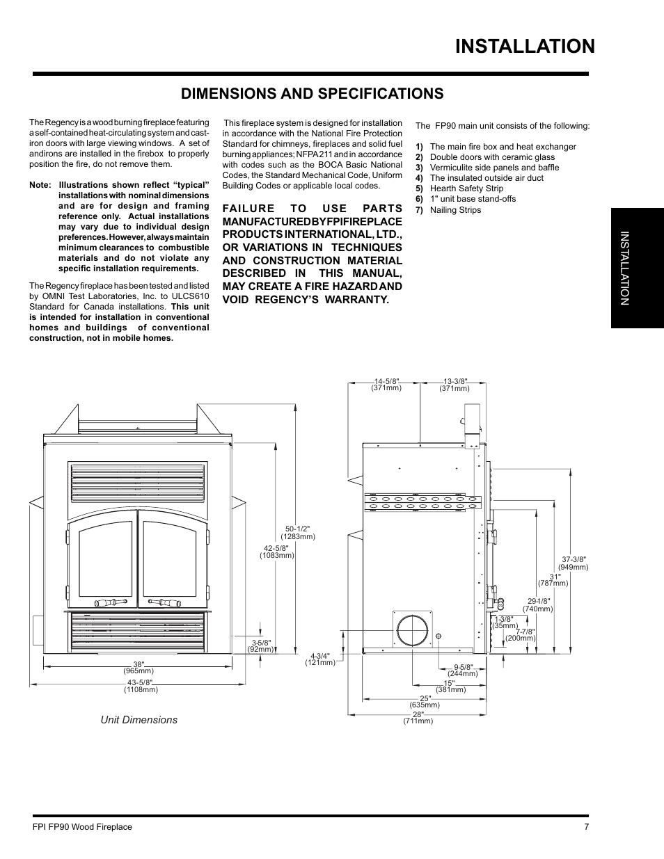 Installation, Dimensions and specifications | Regency FP90 User Manual | Page 7 / 40
