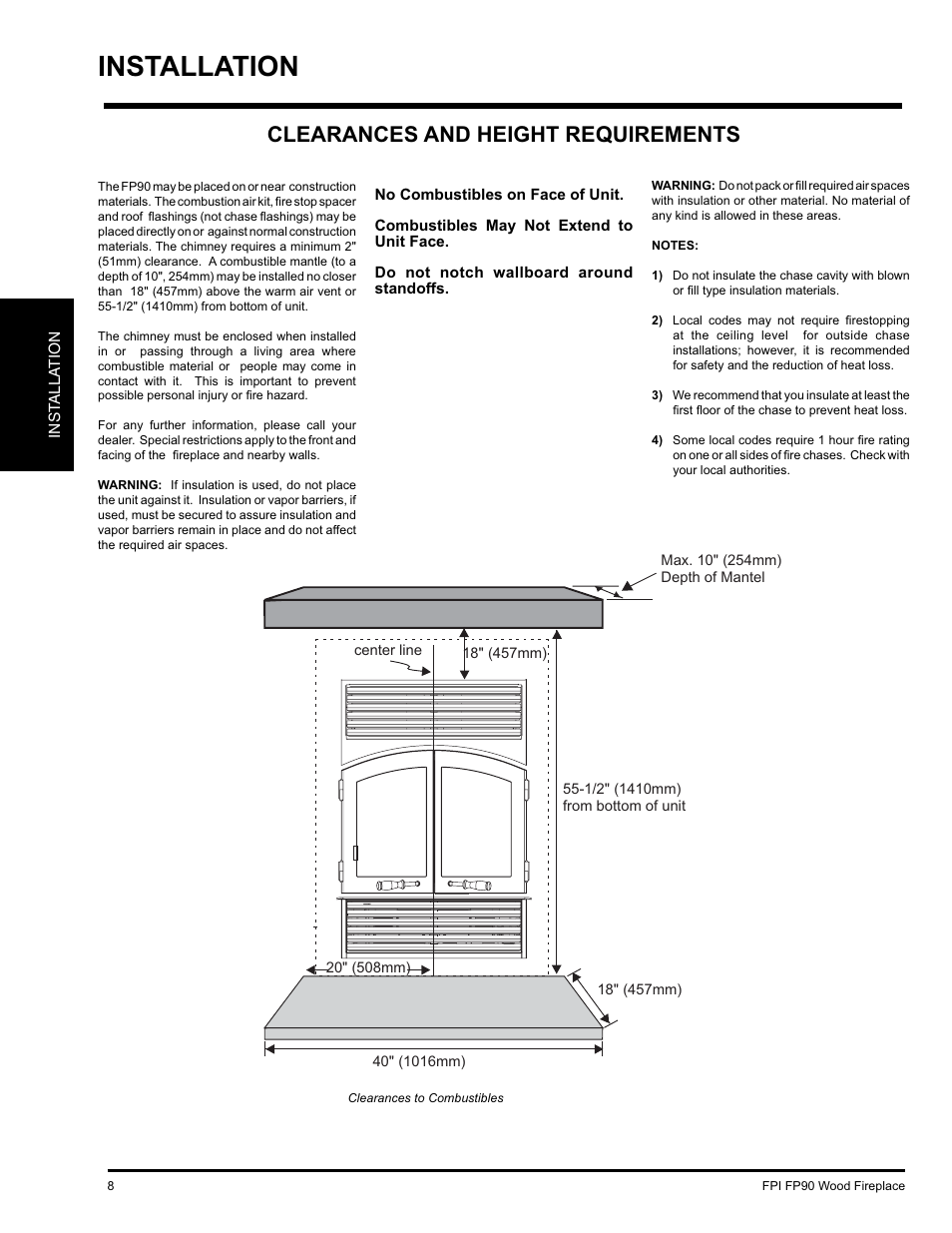 Installation, Clearances and height requirements | Regency FP90 User Manual | Page 8 / 40