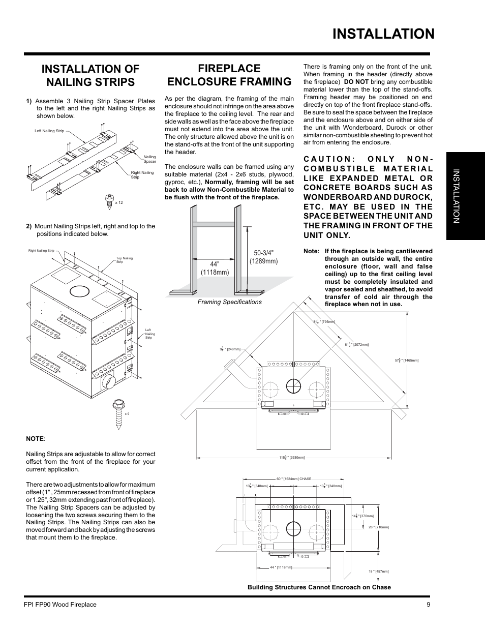 Installation, Installation of nailing strips, Fireplace enclosure framing | Inst alla tion | Regency FP90 User Manual | Page 9 / 40