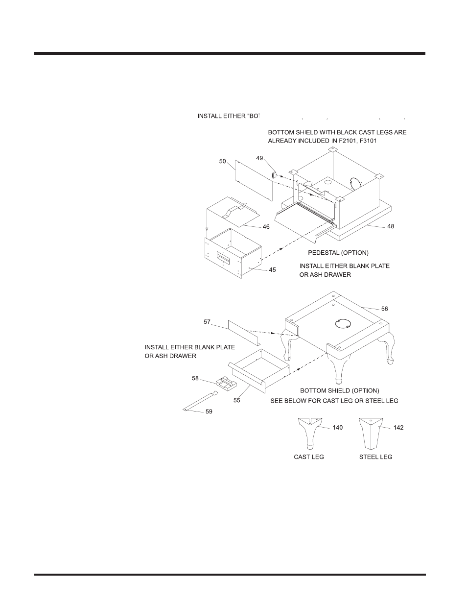 Parts list, Pedestal, bottom shield & leg options | Regency FREESTANDING WOODSTOVE2 F2400M User Manual | Page 24 / 28