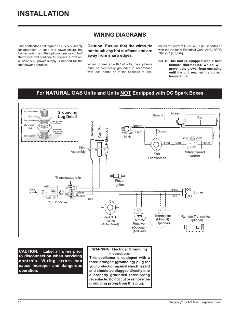 Installation, Wiring diagrams, Natural gas | Units and units, Equipped with dc spark boxes, Grounding lug detail | Regency Gas Insert E21-NG3 User Manual | Page 10 / 36