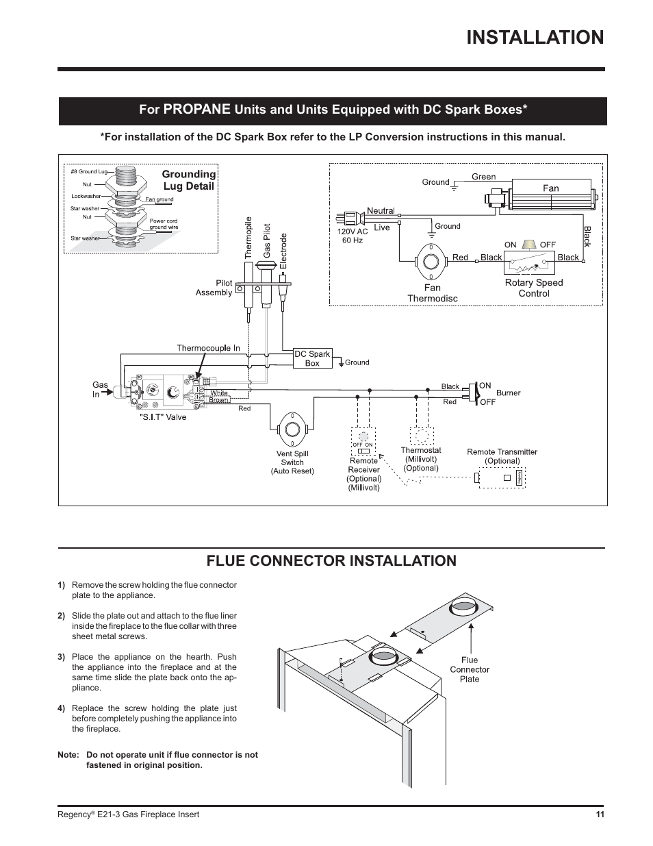 Installation, Flue connector installation, Propane | Units and units equipped with dc spark boxes | Regency Gas Insert E21-NG3 User Manual | Page 11 / 36
